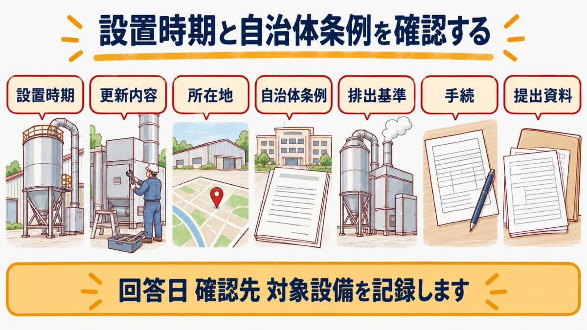 乾燥施設の設置時期、更新内容、所在地条例を分けて確認する図