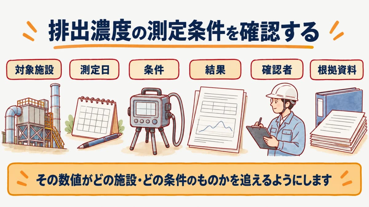VOCの測定対象、測定条件、結果、確認者を対応させる図
