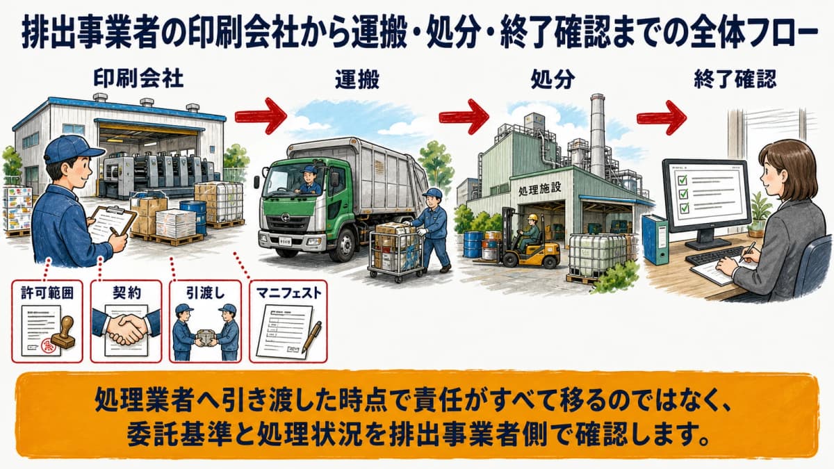 排出事業者の印刷会社から運搬・処分・終了確認までの全体フロー