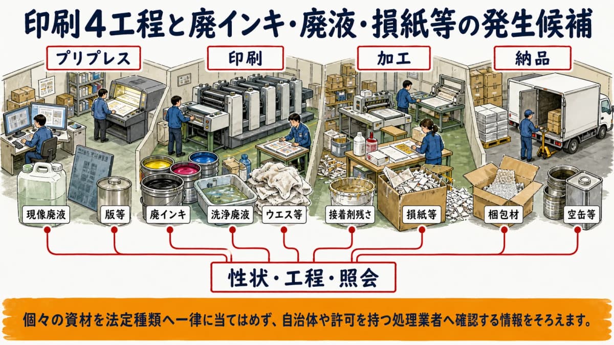 印刷4工程と廃インキ・廃液・損紙等の発生候補を対応させる図