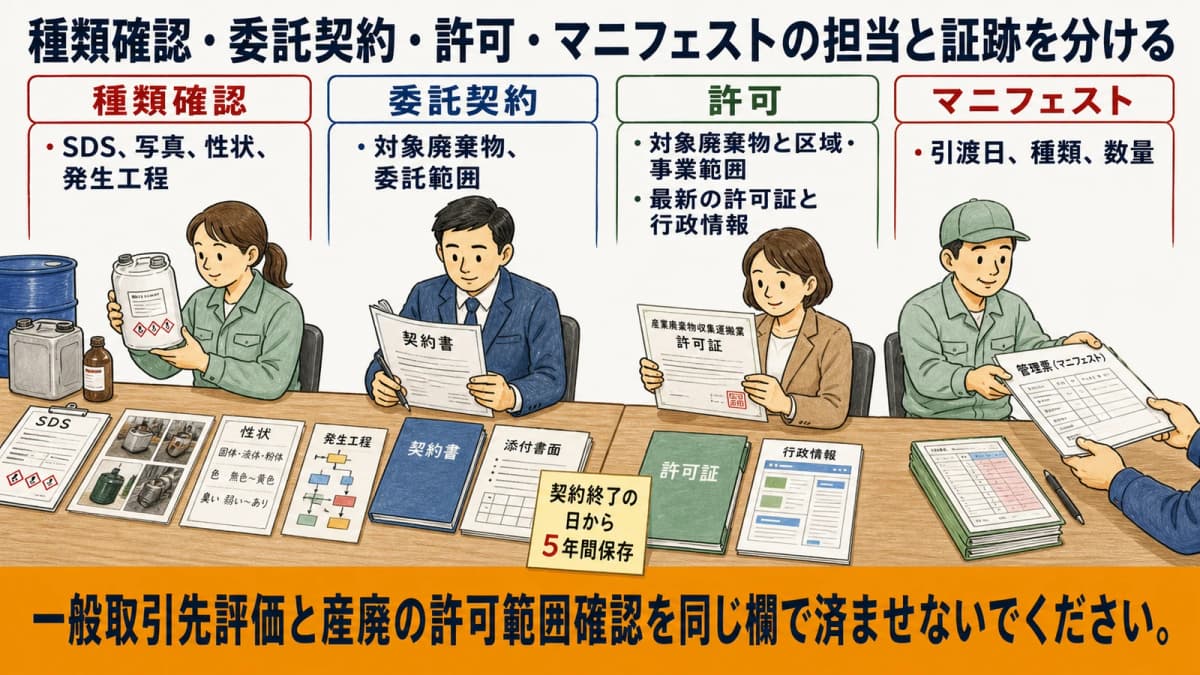 種類確認・委託契約・許可・マニフェストの担当と証跡を分ける図