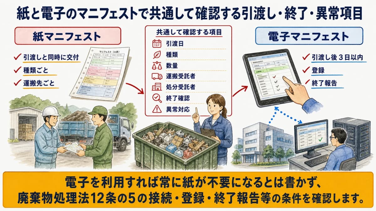 紙と電子のマニフェストで共通して確認する引渡し・終了・異常項目