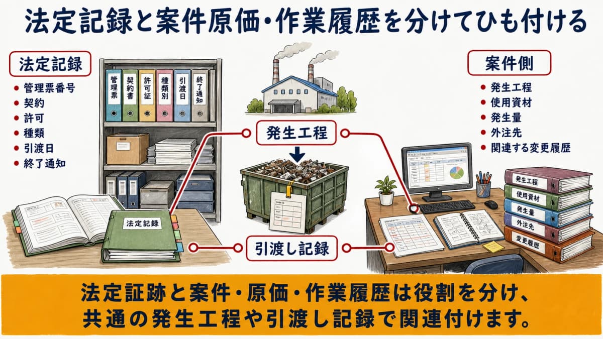 法定の産廃証跡と印刷HUBの案件・原価・作業履歴を分ける図