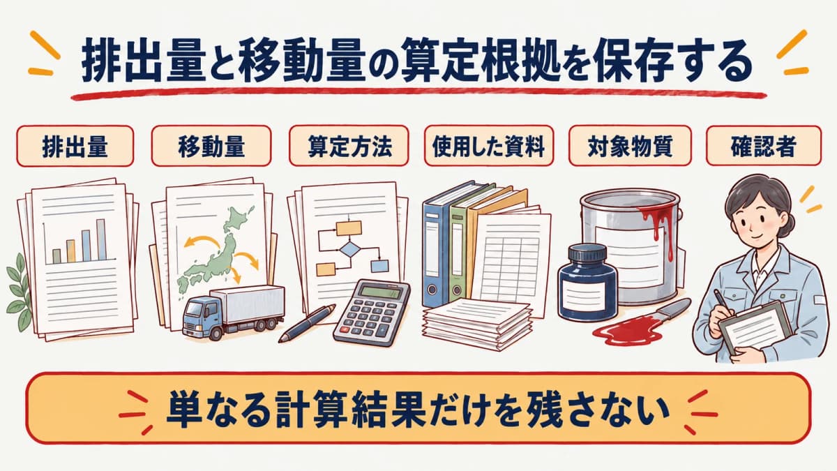 PRTRの対象物質、算定根拠、届出判断、確認者を年度ごとに残す図