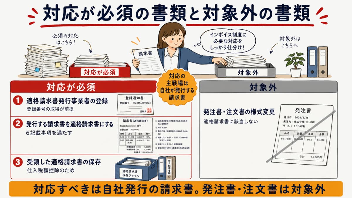 印刷会社がインボイス制度で対応すべき書類と対象外の書類を整理した早見図