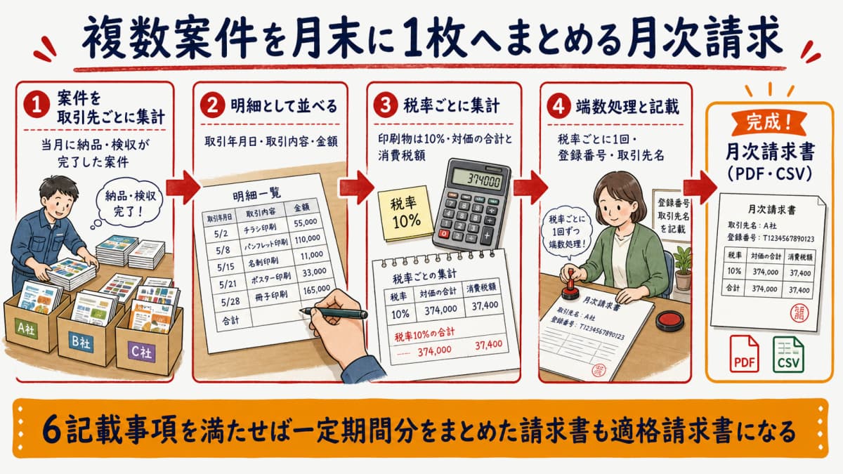 複数の印刷案件を月末に1枚の月次請求書へまとめる流れを示した手順図