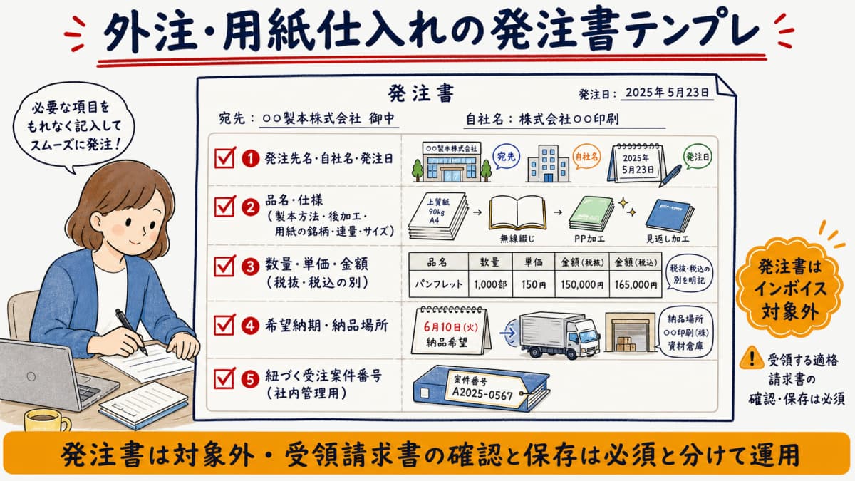 印刷会社の外注先・用紙仕入れの発注書に記載する項目をまとめたテンプレート図