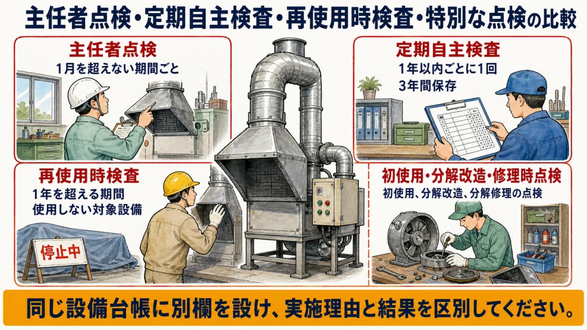 主任者点検・定期自主検査・再使用時検査・特別な点検の比較