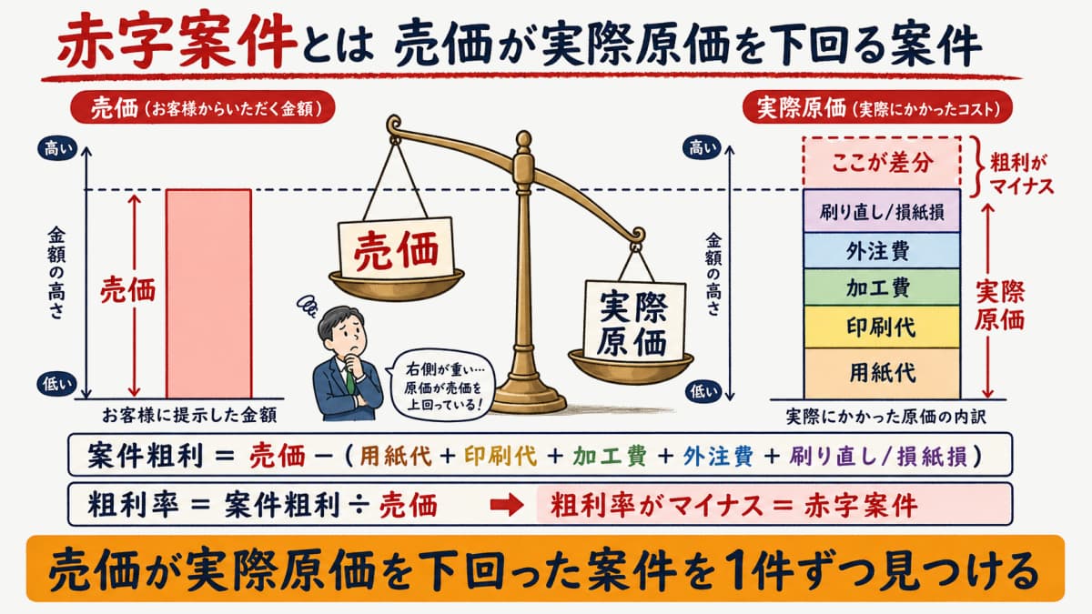 赤字案件は売価が実際原価を下回った案件であることを示す概念図