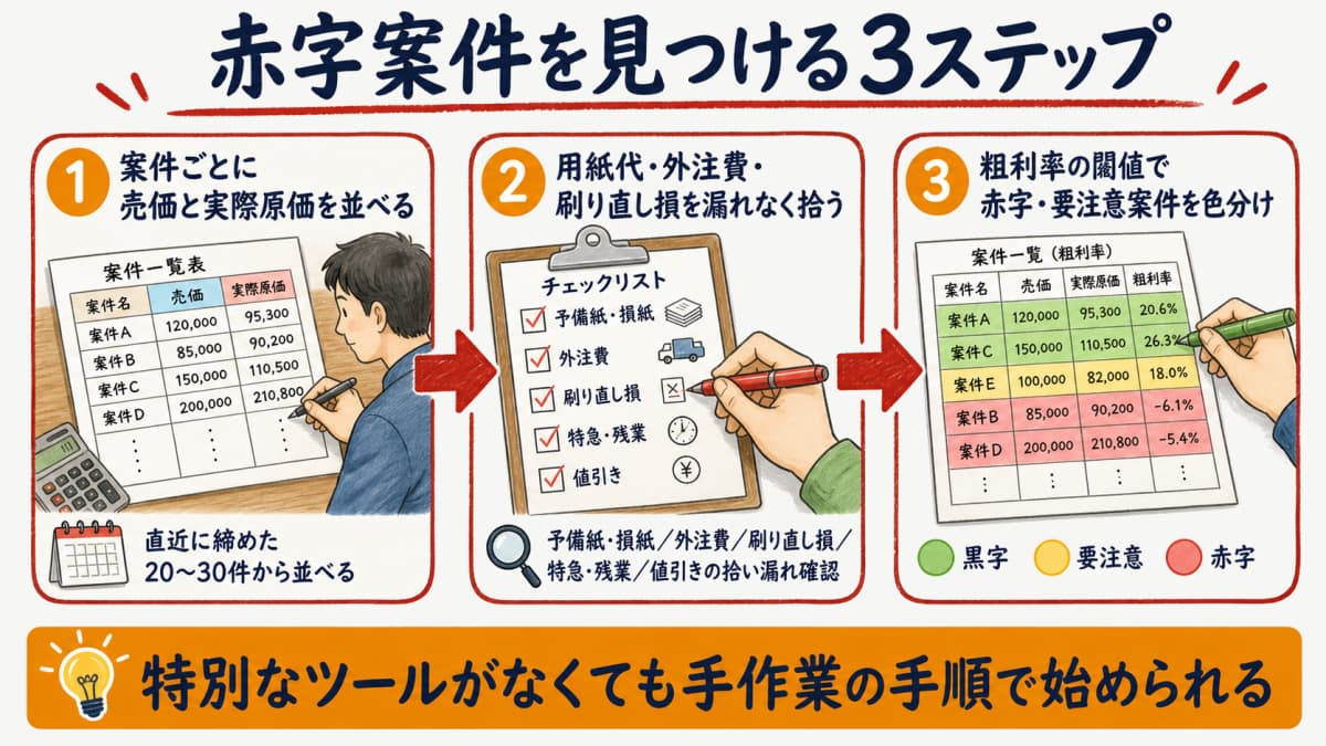 売価と原価を並べ粗利率を計算し色分けする3ステップの流れ図