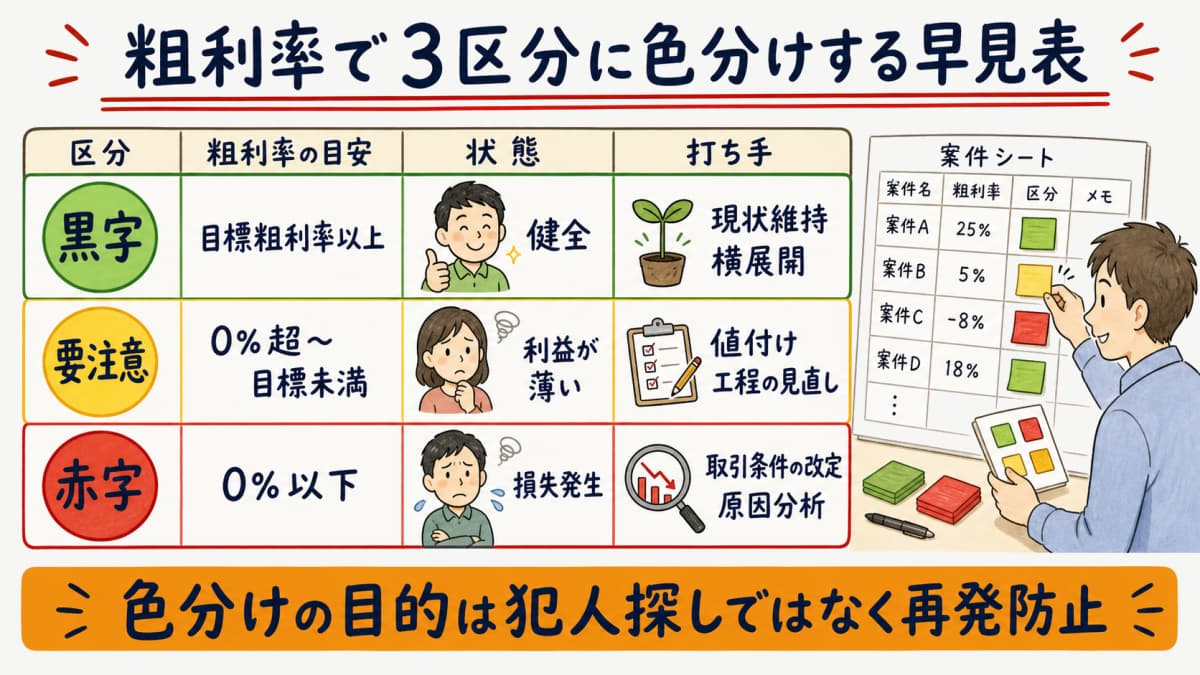 粗利率の閾値で黒字・要注意・赤字に色分けした案件別損益の早見表