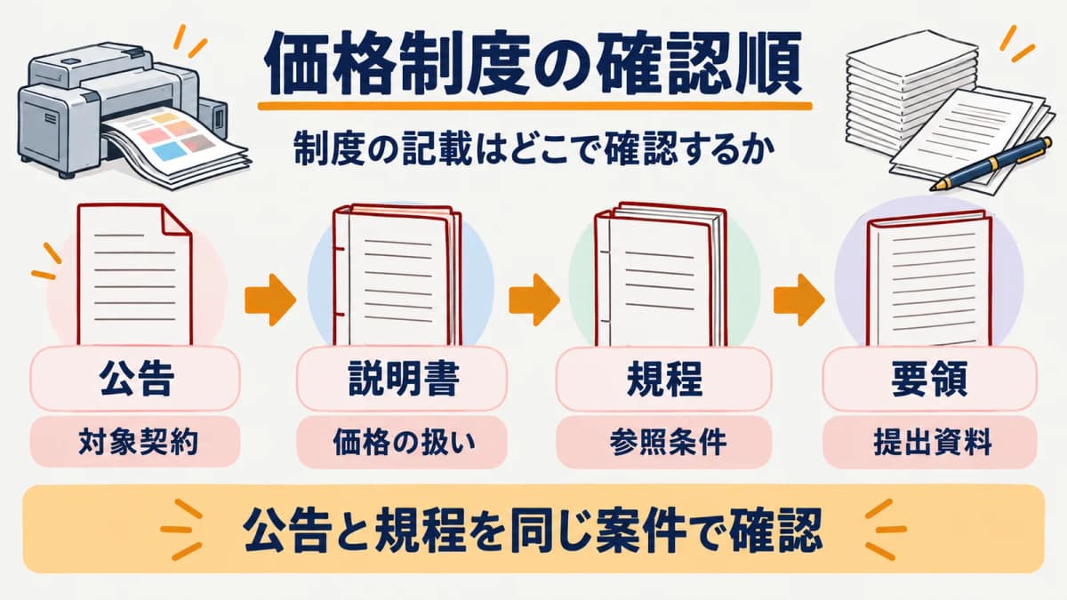 公告・説明書・規程から価格制度の記載を探す手順