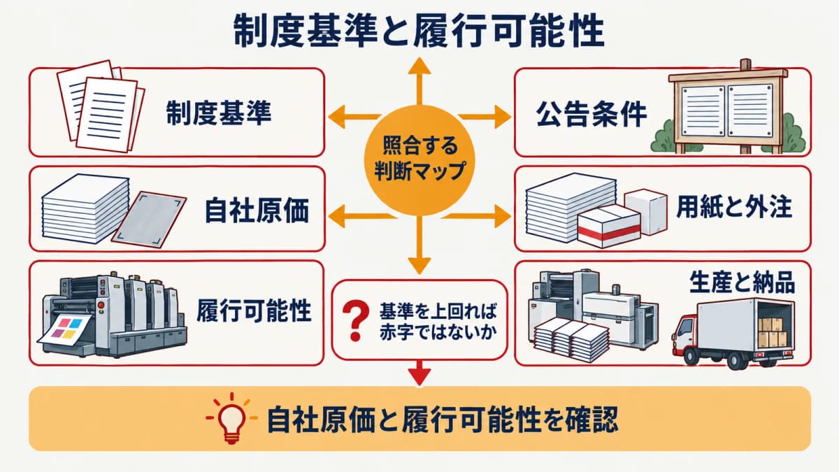 制度基準と自社の原価・履行可能性を二軸で判定する表