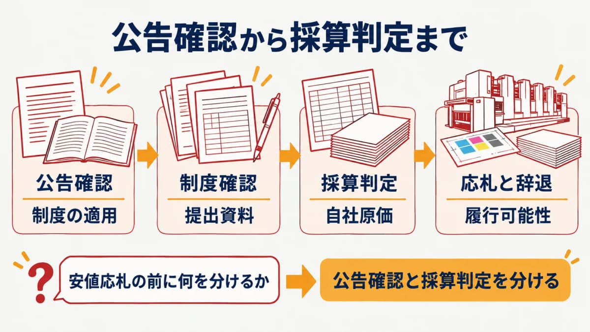 公告確認から採算判定までを分けて進める全体像