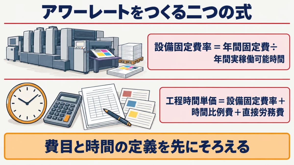 年間固定費・実稼働可能時間・工程時間単価の関係を示す図