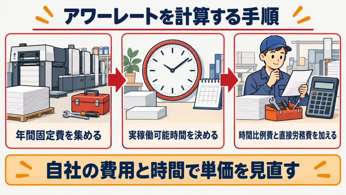 年間費用から実稼働可能時間で固定費率を計算する手順図