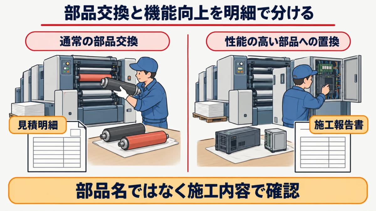 部品交換・制御更新・調整作業を見積明細で分ける図