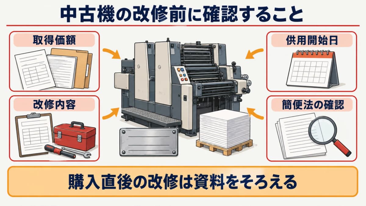 中古機の購入直後の改修を取得資料と工事資料で確認する図