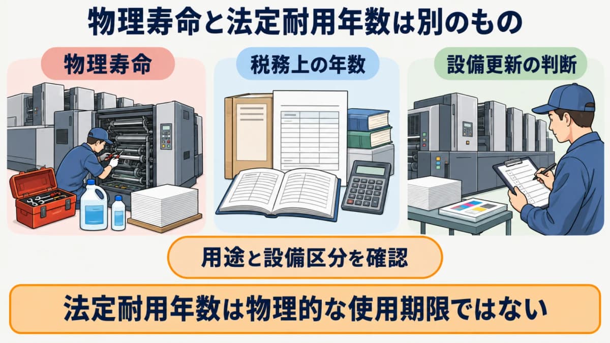 物理寿命・税務上の耐用年数・設備更新判断を分ける印刷機の整理図