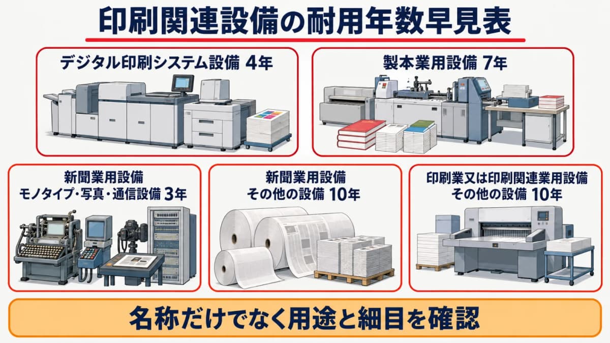 印刷業又は印刷関連業用設備の区分と年数を比べる早見表