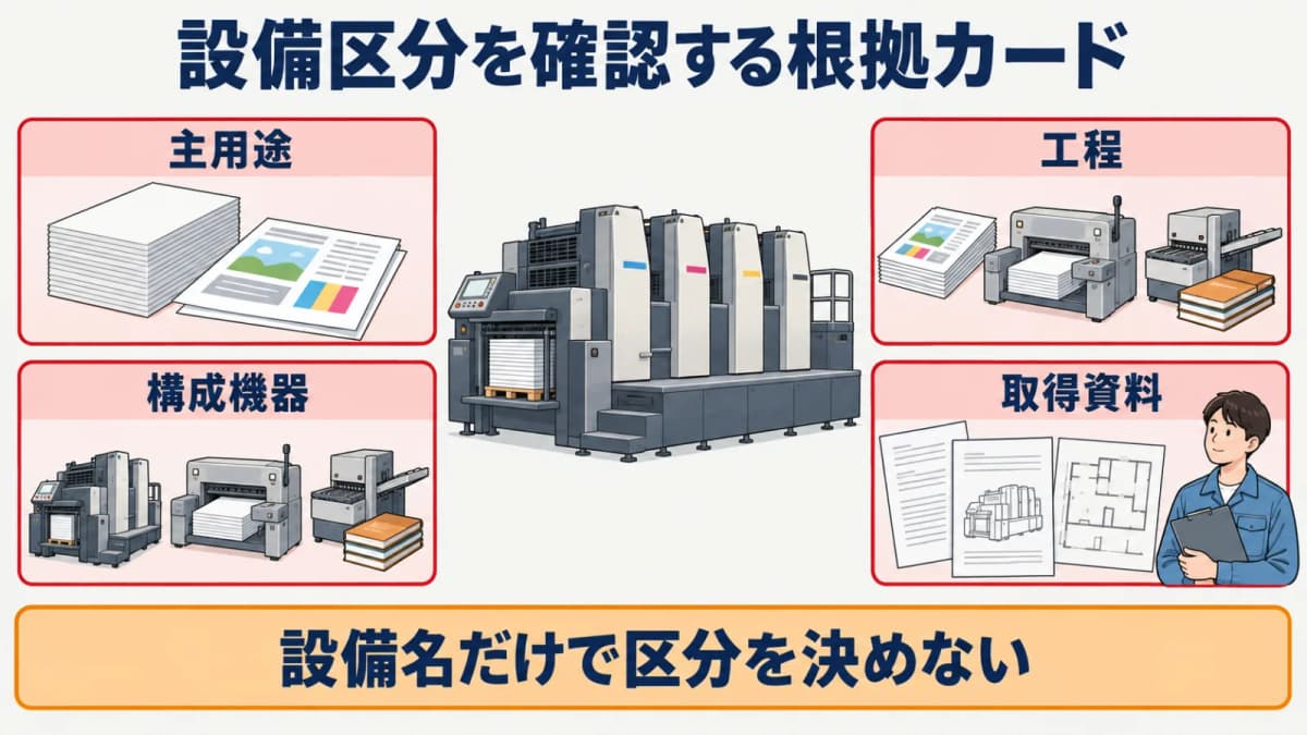 本体・周辺機器・製本設備を工程と取得資料で確認するカード
