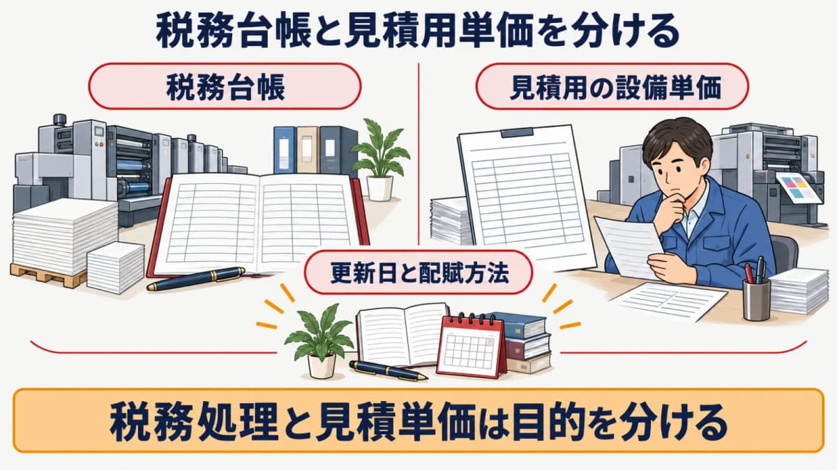 税務台帳の確認値と見積用設備単価を分けて管理する図