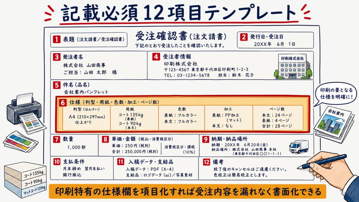 注文請書・受注確認書の記載必須12項目を番号ラベル付きで配置し印刷仕様欄を強調したテンプレートレイアウト図