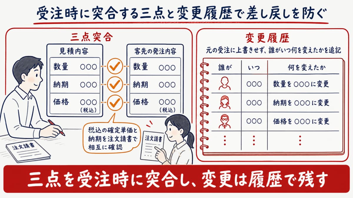 受注時に突合すべき数量・納期・価格の三点と変更履歴の記録で差し戻しを防ぐチェックの図
