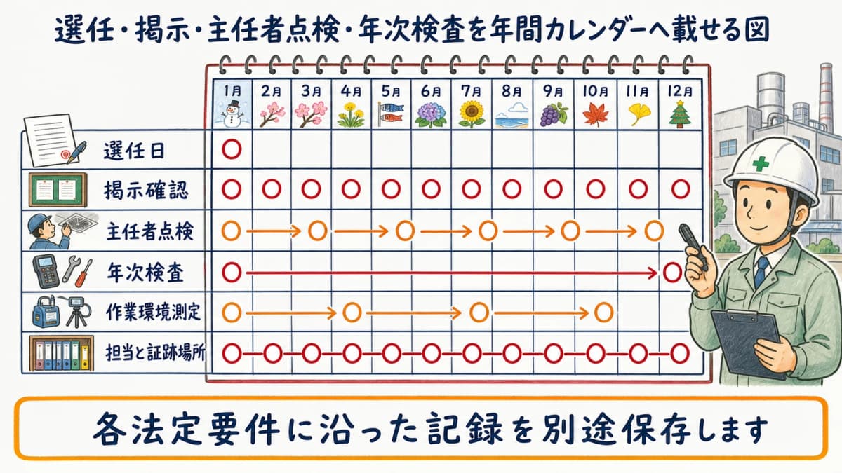 選任・掲示・主任者点検・年次検査を年間カレンダーへ載せる図