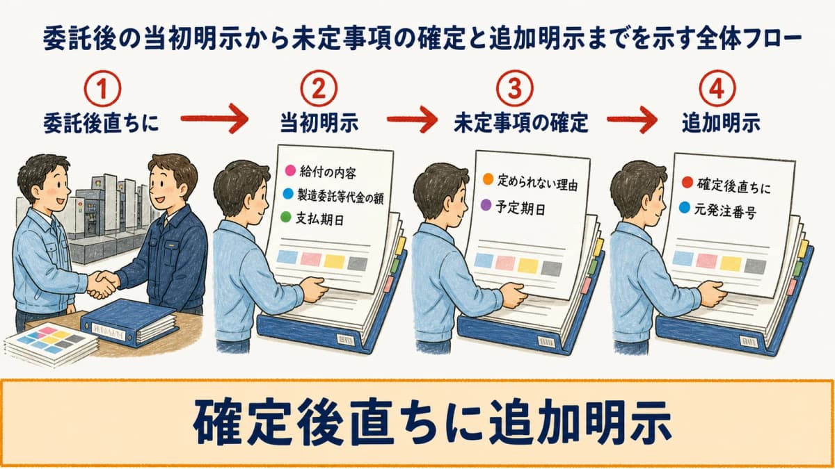 委託後の当初明示から未定事項の確定と追加明示までを示す全体フロー