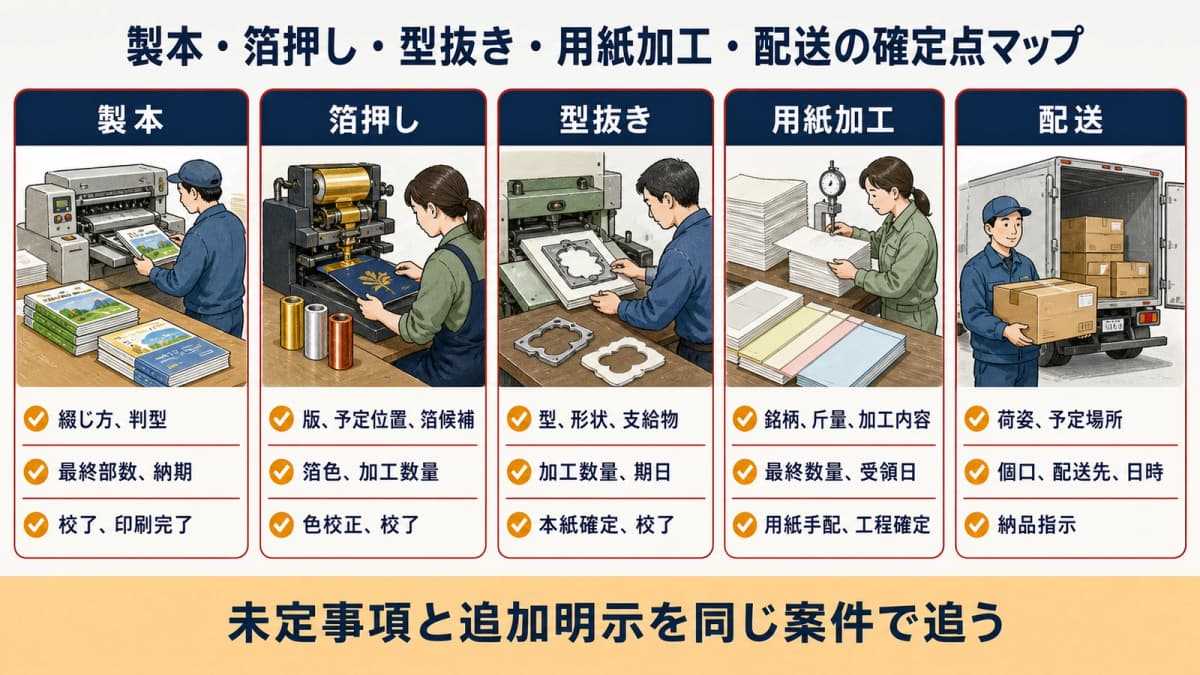 製本・箔押し・型抜き・用紙加工・配送の確定点マップ