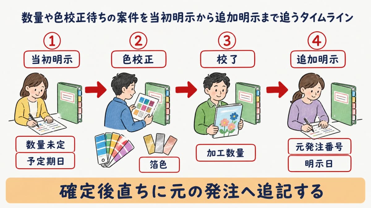 数量や色校正待ちの案件を当初明示から追加明示まで追うタイムライン
