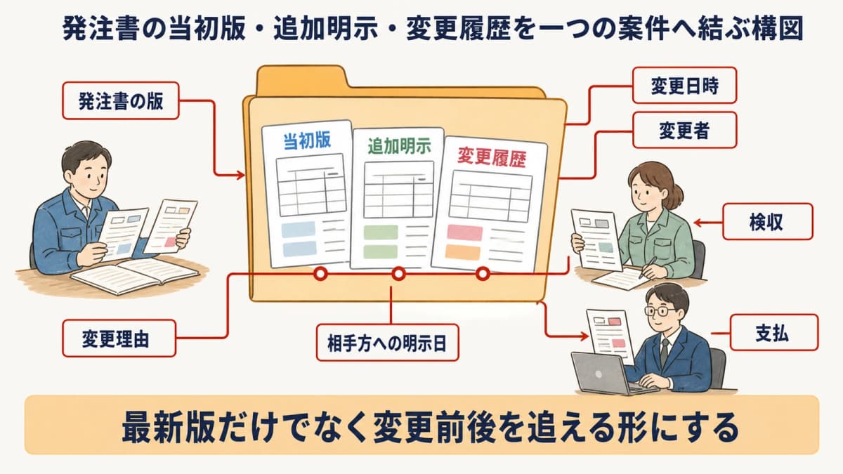 発注書の当初版・追加明示・変更履歴を一つの案件へ結ぶ構図