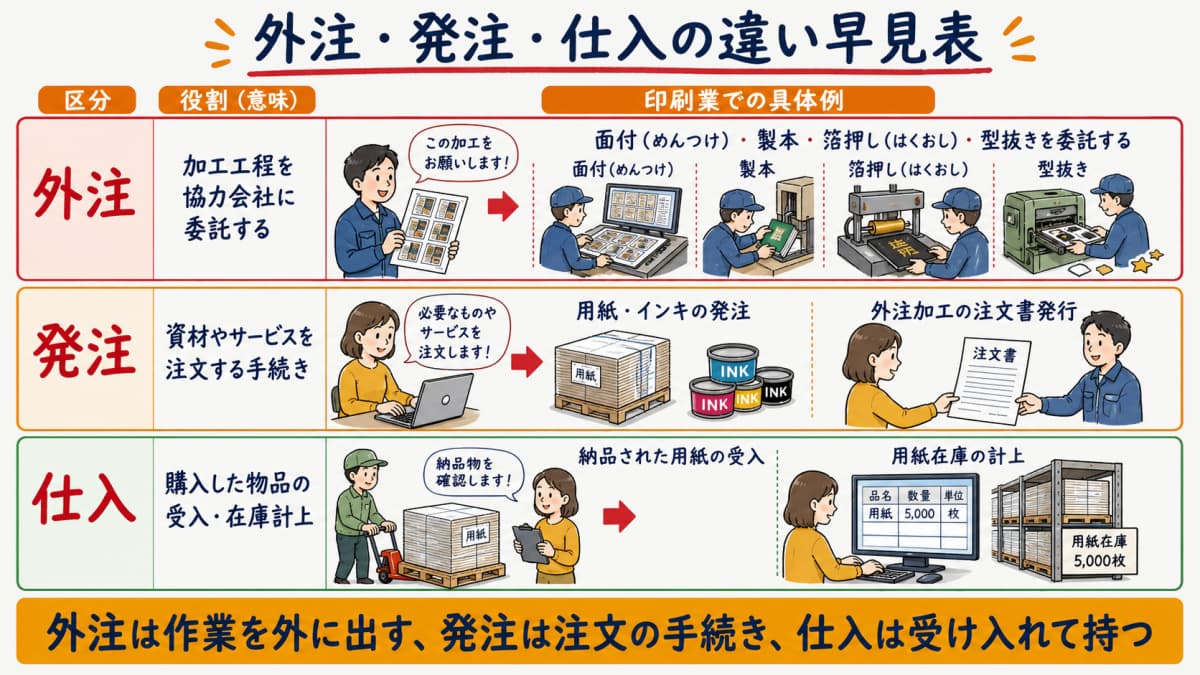 外注・発注・仕入の3語を役割と印刷業の具体例で整理した違い早見表