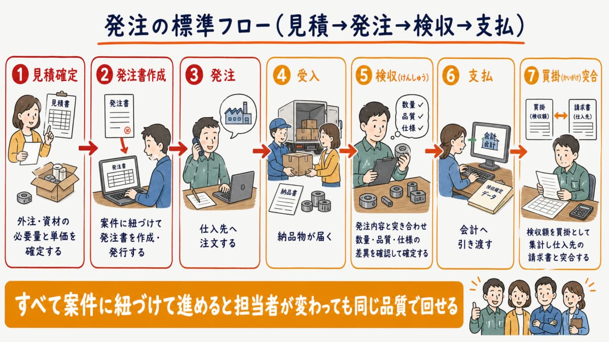 見積から発注書作成・発注・受入・検収・支払・買掛突合までの発注標準フロー図