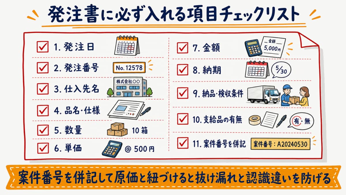 発注番号や品名仕様・数量・単価・納期など発注書に必ず入れる項目チェックリスト