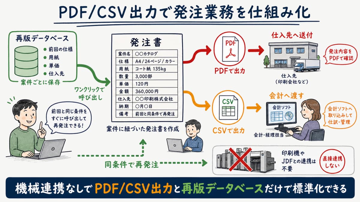 発注書をPDF・CSVで出力し仕入先と会計へ渡し再版DBから呼び出す仕組み図