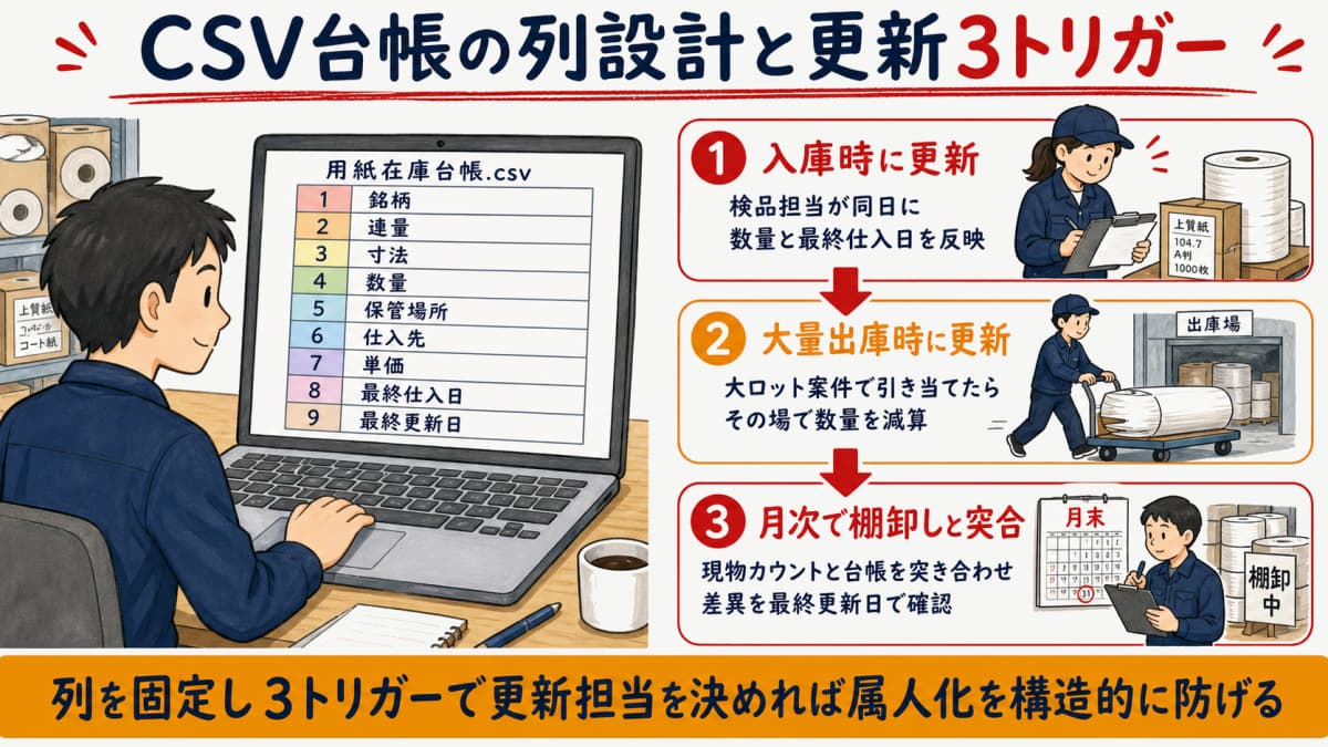 原紙在庫CSV台帳の列設計と運用フローを示した図解