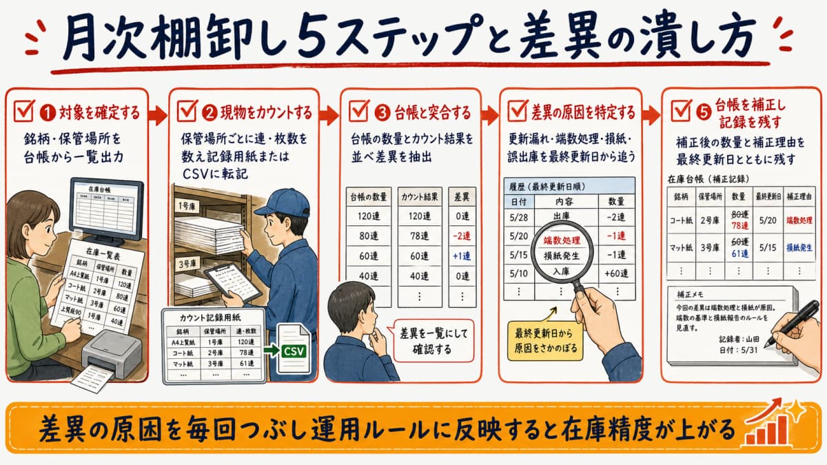 棚卸し手順5ステップと差異の潰し方を示したチェックリスト図解