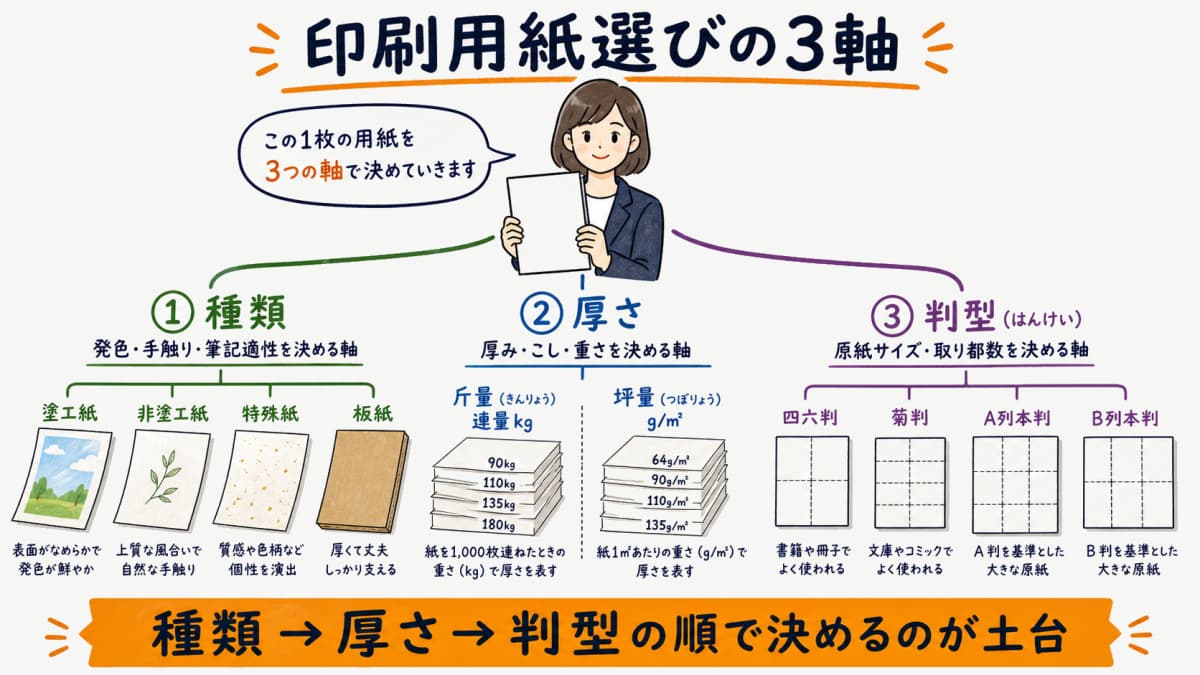 印刷用紙の選定を種類と斤量坪量と判型の3軸に分解した決定ツリーの全体図