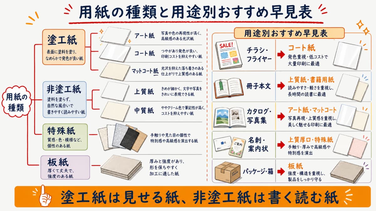 印刷用紙の分類ツリーと塗工紙非塗工紙特殊紙板紙の用途別おすすめ対応を示す早見表