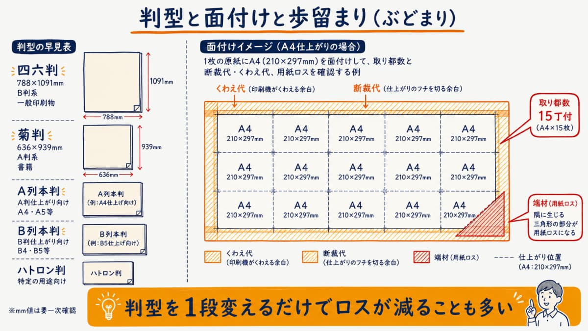 原紙判型に仕上がりを面付けして取り都数と断裁代を可視化した歩留まりのイメージ図
