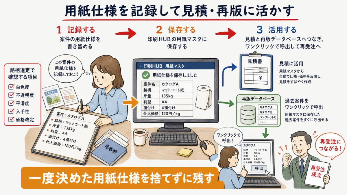 用紙仕様を用紙マスタに保存し見積と再版データベースへつなぐ記録フローと印刷HUB連携のイメージ図