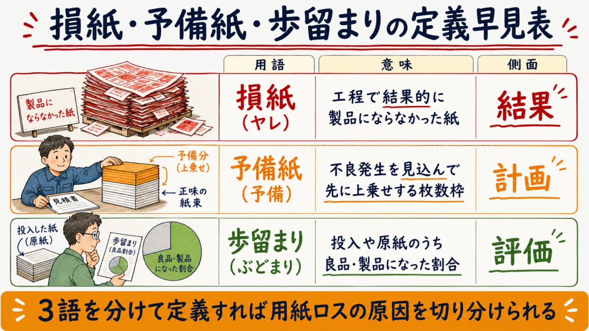 損紙・予備紙・歩留まりの関係を結果・計画・評価の側面で示した定義早見表