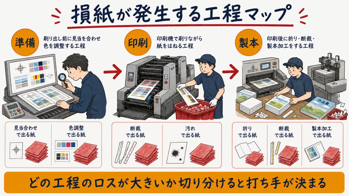 損紙が準備・印刷・製本のどの工程で発生するかを示した工程マップ