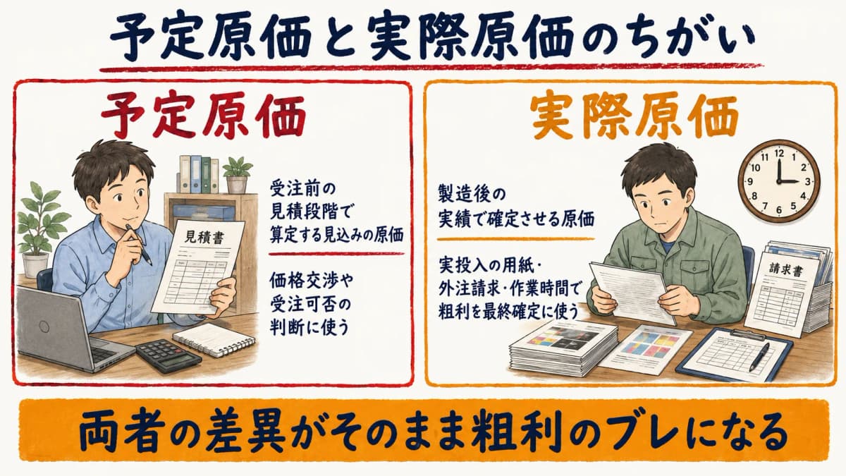 予定原価と実際原価の違いを示す早見表