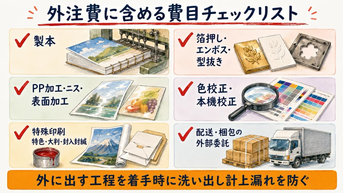 外注費に含めるべき費目を製本・加工・校正に分けて示したチェックリスト図