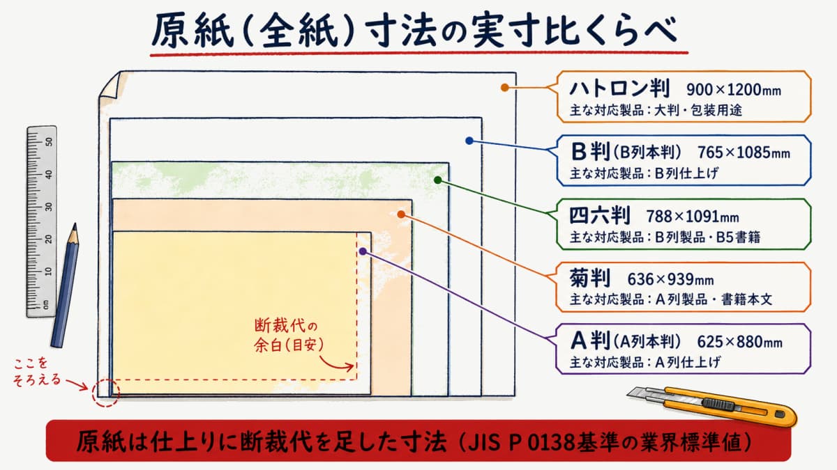 四六判・菊判・A判・B判・ハトロン判の原紙寸法を実寸比で重ねた比較図