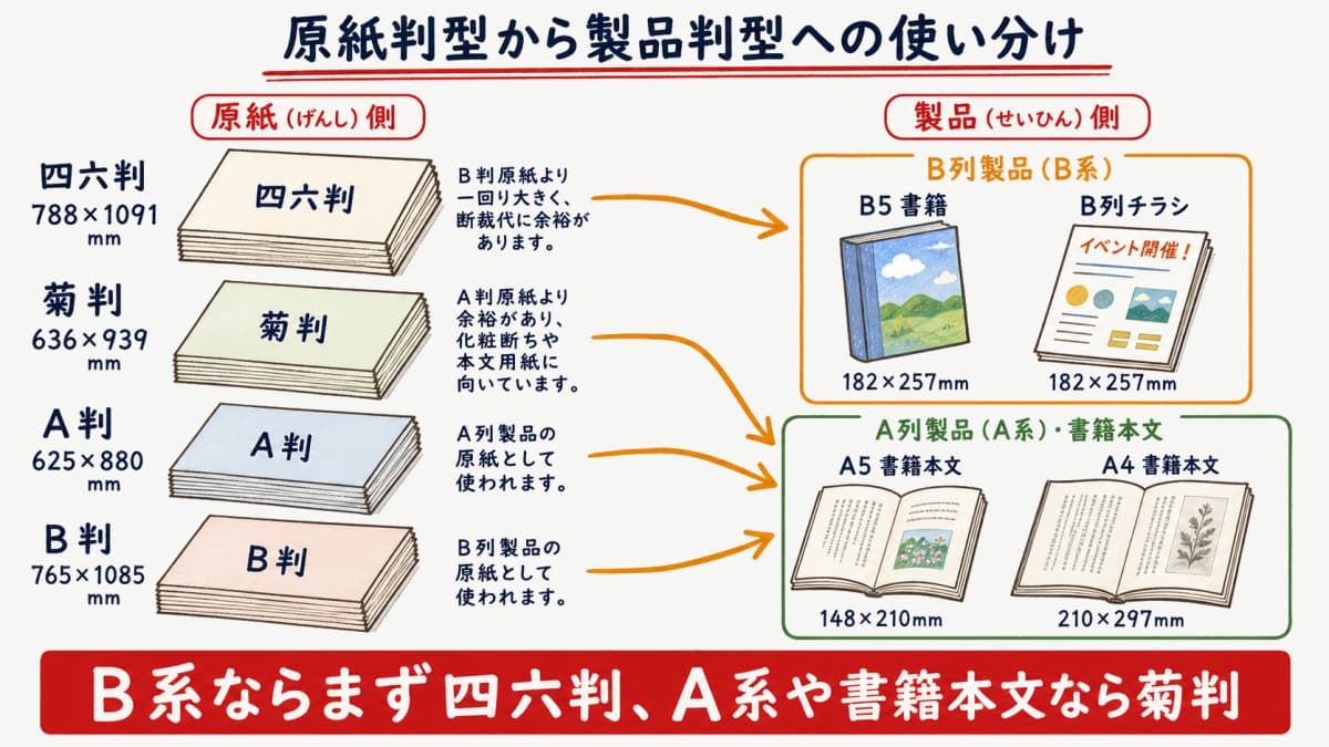四六判と菊判が対応する製品判型を矢印で結んだ使い分けの図