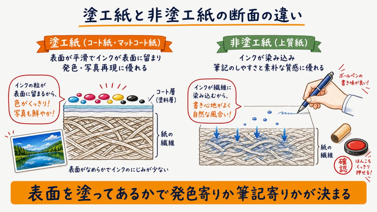 塗工紙と非塗工紙の断面を比較しコート層の有無で発色と筆記適性が分かれることを示した模式図